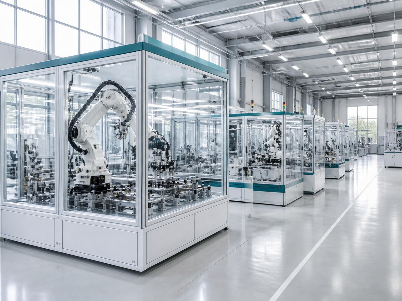 Automatisierte Montagelinie in einer Fertigungshalle